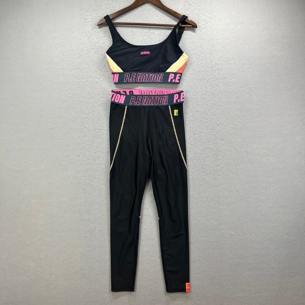 PE NATION Activewear Set Womens M Black Pink Colorblock Sports Bra Leggings Gym